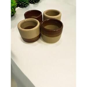 Brown Dip Pottery Napkin Rings Striped Glazed Set of 4 Tan